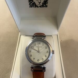 Anne Klein Silver Watch with Brown Leather Strap